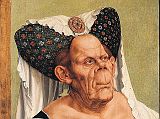 London National Gallery Top 20 08 Quinten Massys - A Grotesque Old Woman Quinten Massys - A Grotesque Old Woman (about 1525-30, 64 x 45 cm). This painting was designed to criticize older women who do not accept their age and try to look younger than they actually are. The effects of the huge ears, wrinkles, and ape-like face, are merely emphasized by the ridiculous hat. The sitter is made even more repugnant by the rich jewels she wears and the indiscretion of her low-cut dress.